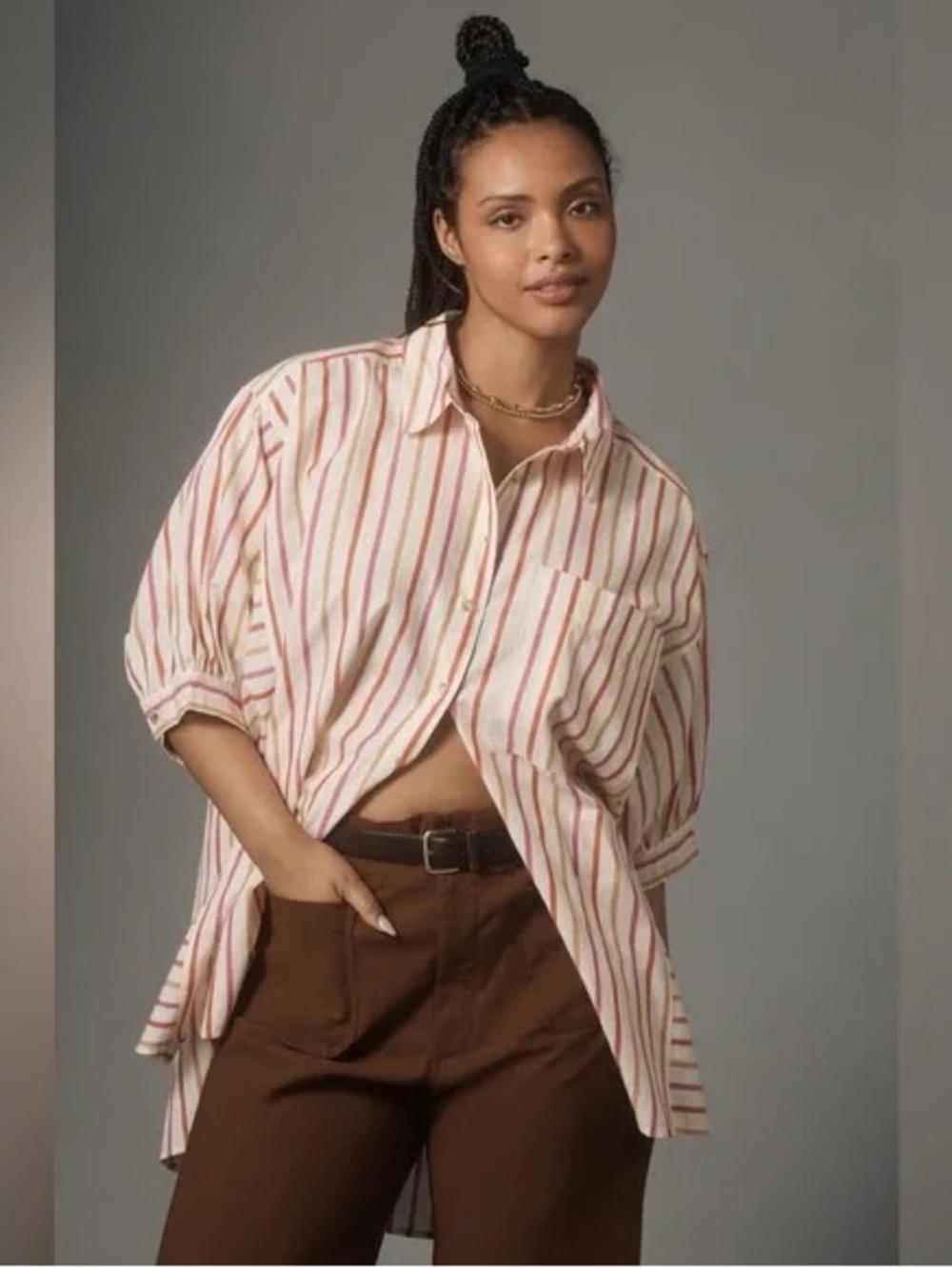 Pilcro Oversized Cream Button down Shirt with Stripes
